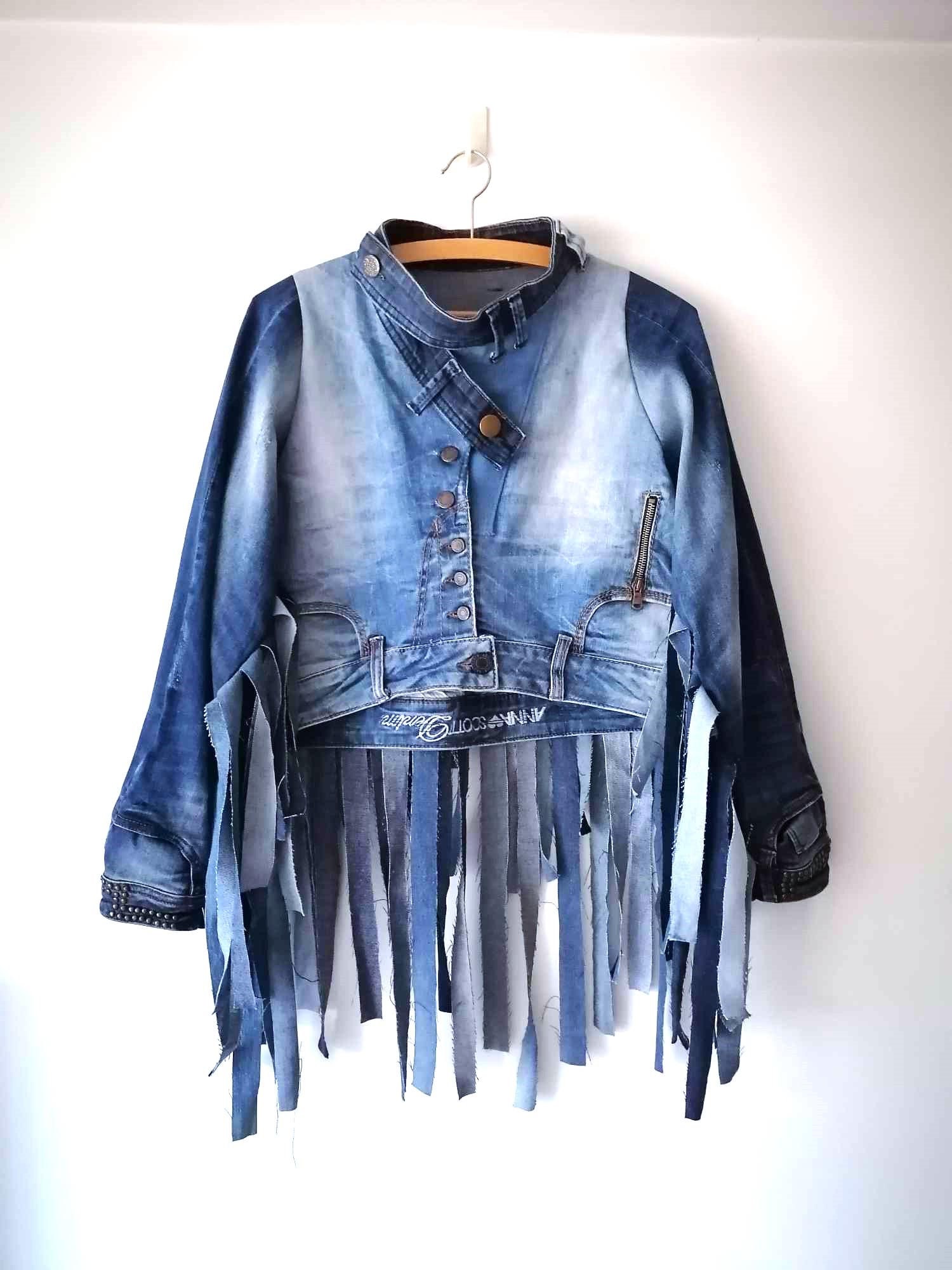 Crop Fringles Denim Jacket , Chic Streetwear jacket with stripes , Distressed Jeans Top, Jeansrock jacket, Patchwork design