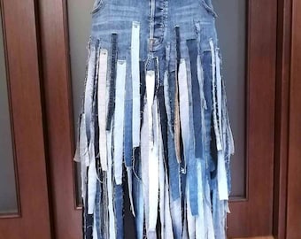 Boho Extravagant Jeans Skirt Stripes Hight Waist Avant Garde Skirt Reworked Asymmetrical Denim Skirt With Fringles Festival Skirt Streetwear