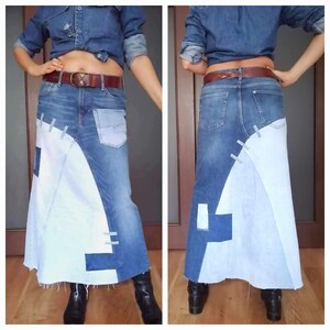 Falda vaquera bicolor, falda maxi de talle alto con diseño patchwork, estilo boho para un look casual chic, estilo streetwear, falda vaquera desgastada. Asymmetrical skirt