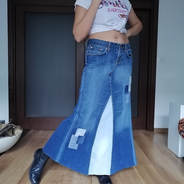 Falda de jeans Hight West Falda hippie larga de mezclilla parcheada Upcycling Jeans Boho Festival Wear Falda de mezclilla vintage Falda de aspecto elegante informal