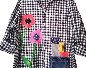 Upcycled Bohemian Tunic Shabby Chic Shirt Boho Funky Top Gift For Her Hippie Tunic M-L Vintage Top Patched Clourful Shirt,