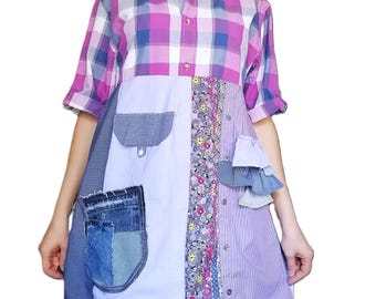 Abito tunica patchwork riciclato: stile boho chic da fattoria, taglia M-L