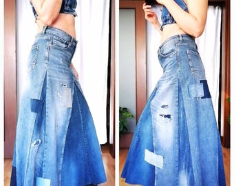 Gonna in denim stravagante Boho Gonna a vita alta con toppe Gonna