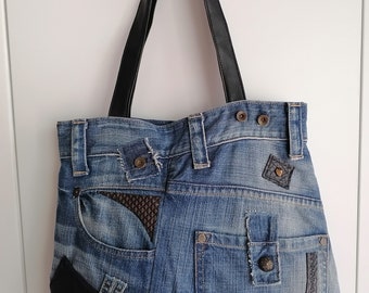 Jeans Bag, Hobo Bag ,Gift For Her ,Denim Bag ,,Casual Market Bag Shabby Recycle Denim Handbag ,Women Bag, Jeans Patchwork Bag
