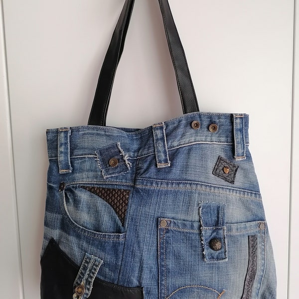 Frau Recycled Jeans Tasche Einzigartiges Geschenk Für Sie Denim-tasche Lässige Markttasche Shabby Recycle Denim Handtasche Jeans Patchwork-tasche Hobo Bag