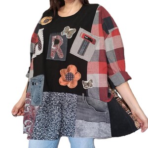 Plus Size Upcycled Tunic Top 2XL 3XL - Boho Shabby Chic Patchwork Top - One of a Kind Hippie Style