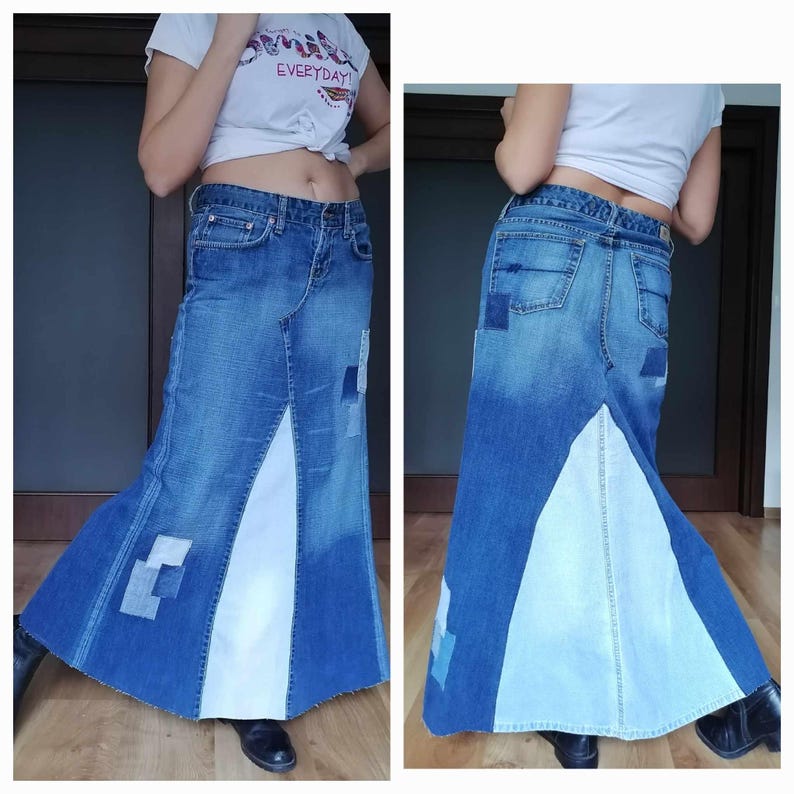 Falda vaquera bicolor, falda maxi de talle alto con diseño patchwork, estilo boho para un look casual chic, estilo streetwear, falda vaquera desgastada. Dark blue