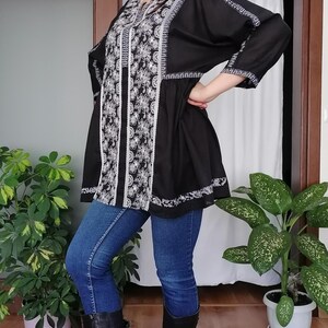 Upcycled Patchwork tunic - Boho Duster - Festival Wear - Farm chic top Black / white