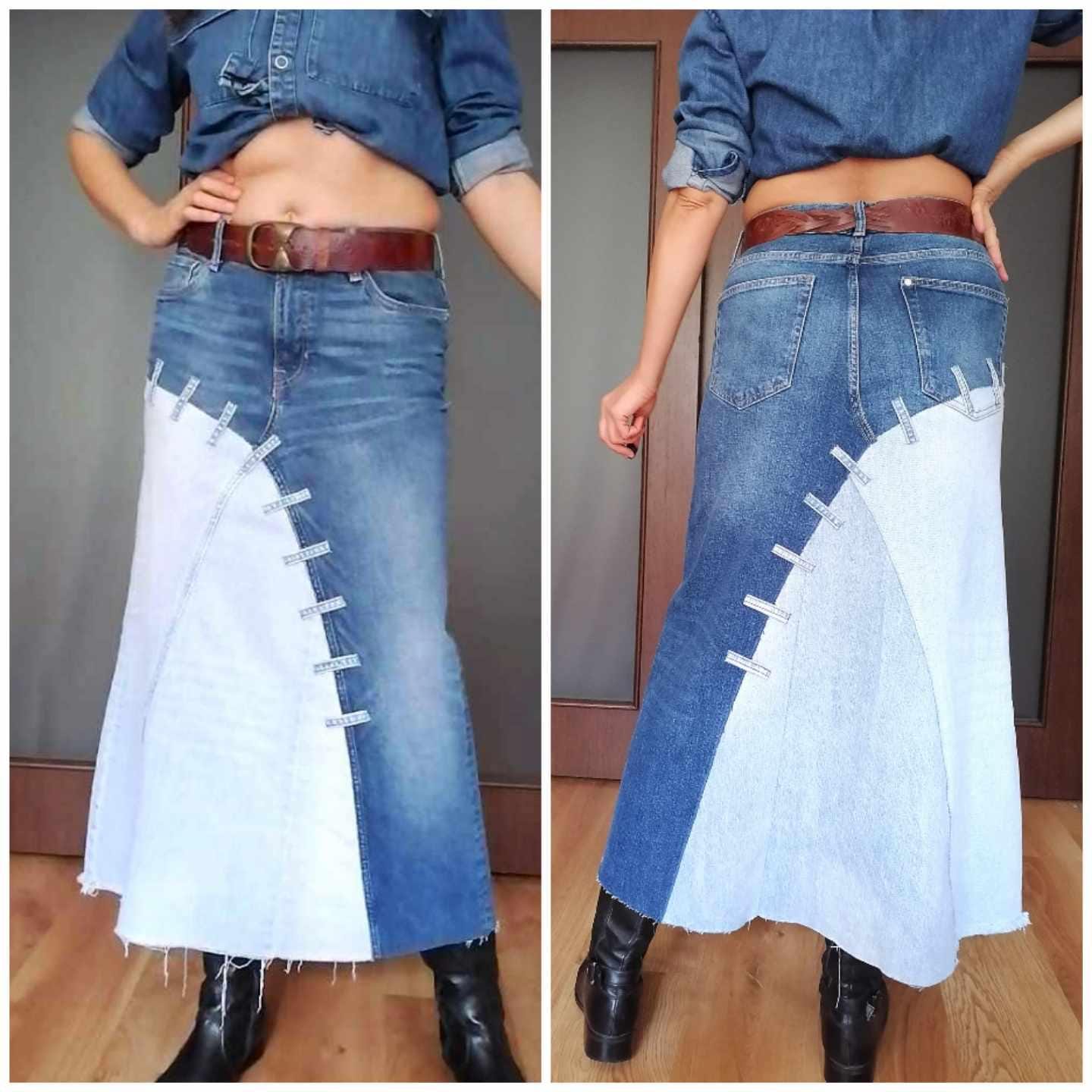 False two piece Denim Skirt High waist Fake 2 piece Skirt jeans pant