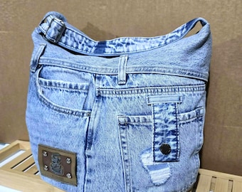Bolsa transversal estilo hobo em jeans - Bolsa mensageiro reciclada para feiras - Bolsa folgada para o dia a dia feita com jeans reciclado - Bolsa de ombro 40 cm/35 cm