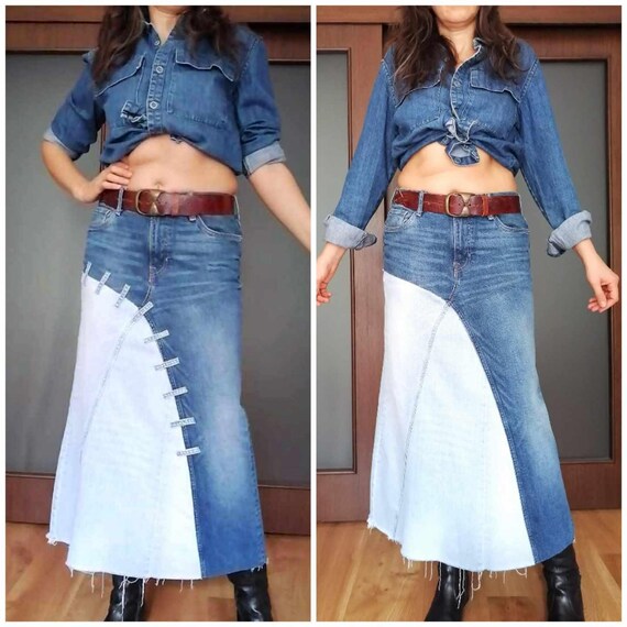 Boho Extravagant Denim Skirt Patched High Waist Skirt Two Tone Avant Garde Asymmetrical Skirt Festival Skirt Chic Streetwear