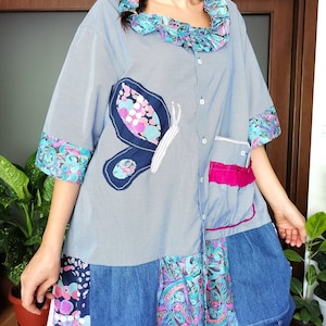 Boho Upcycled Tunic Dress - Patchwork Hippie Duster - Eco-Friendly Farm Chic Top - Country Oversized Lagenlook Dress ,ddp included