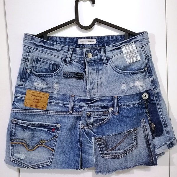 Süßer, schicker Minirock, Jeansrock, Distressed-Rock, rekonstruierte Jeans mit hoher Taille, Upcycled, kurzer Boho-Rock, überarbeiteter Streetwear-Minirock