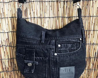 Bolso hobo de mezclilla negra de 40 x 35 cm - Bolso cruzado reciclado - Bolso de hombro hecho con jeans reciclados