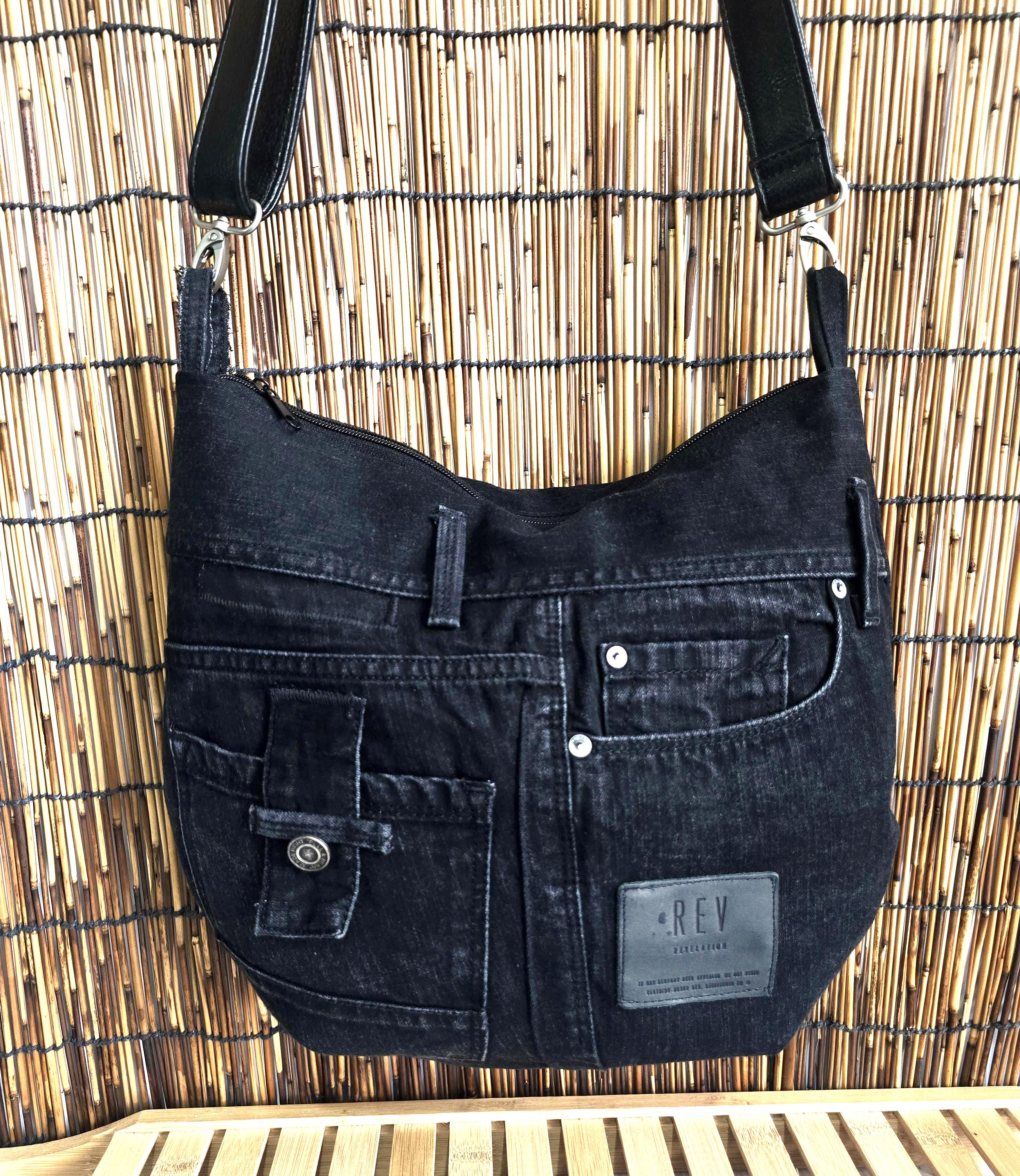 バッグ Slouch Denim Bag Black Black Denim Hobo Bag 16x14 in - Upcycled Crossbody Purse