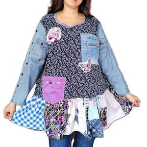 Boho Upcycled Tunika Kleid Patchwork Hippie Duster Farm Chic Landhaus Kleid Romantische Rustikale Longline Top Nachhaltige Gypsy Wear passend von Größe M-XL