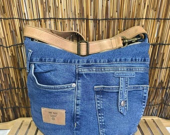 Dark Denim Purse Crossbody Bag - Multi Pockets Hobo Shoulder Bag - Upcycled Jeans Slouchy Everyday Handbag size 16 in / 14 in