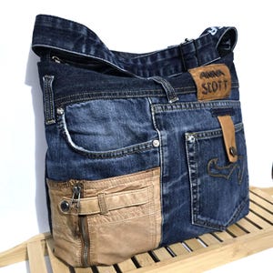 Denim Hobo Bag Crossbody bag Denim purse Market Bag Messenger bag Shabby Jeans Upcycled Bag multi pockets Shoulder bag size 16 in / 14 in