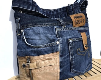 Denim Hobo Bag Crossbody bag Denim purse Market Bag Messenger bag Shabby Jeans Upcycled Bag multi pockets Shoulder bag size 16 in / 14 in