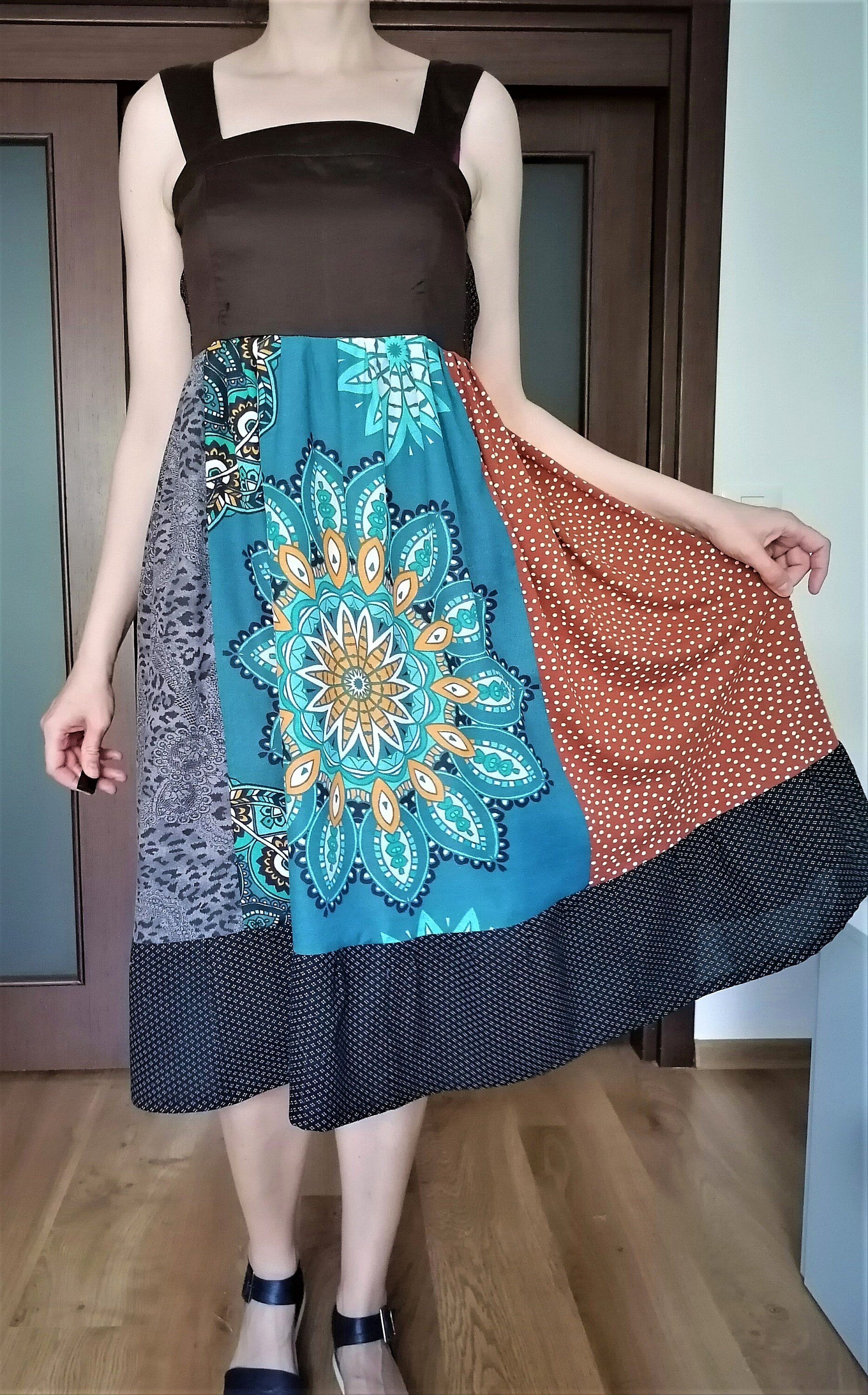 Upcycle Dress, Romantic Chic Dress, Bohemian Vintage Dress Boho Gypsy Pachwork Dress Rustic Duster Teal Mandala Kaftan M-L