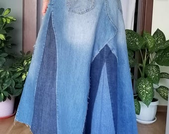 Two Tone Denim Skirt High Waist Maxi Skirt Patchwork Design Boho Style for Casual Chic Look Streetwear Distressed Jeans Skirt