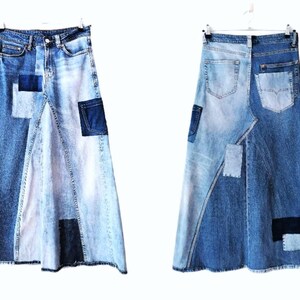 Falda vaquera bicolor, falda maxi de talle alto con diseño patchwork, estilo boho para un look casual chic, estilo streetwear, falda vaquera desgastada. Two tone denim skirt