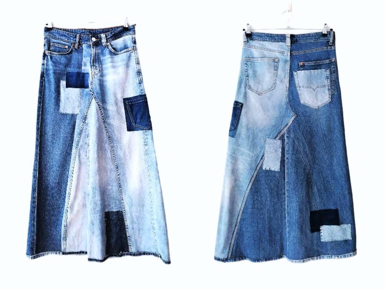 Falda vaquera bicolor, falda maxi de talle alto con diseño patchwork, estilo boho para un look casual chic, estilo streetwear, falda vaquera desgastada. Two tone denim skirt