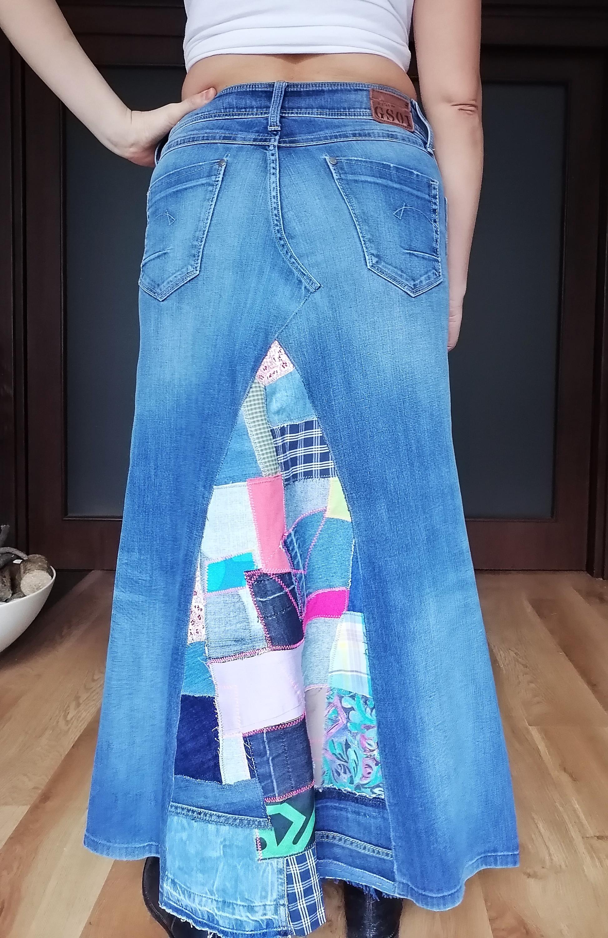 Colorful Patchwork Denim Skirt , Quilt Boho Jeans Skirt Colorful Patchwork Denim Skirt , Quilt Boho Jeans Skirt