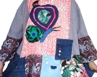 Upcycled Oversize Funky Tunic Shabby Chic Top Bohemian Tunic Hippie Boho Tunic L 3XL Tshirt Flannel Shirt Tee Dress (DDP included)
