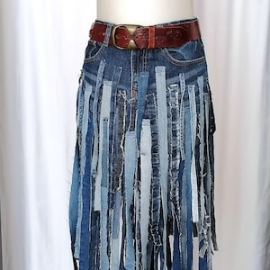 Boho extravagante jeansrok strepen hoge taille avant-garderok herwerkte asymmetrische spijkerrok met franjes festivalrok streetwear