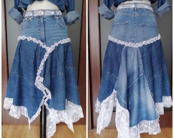 Bohemian Denim Lace Skirt Extravagant High Low Avand Garde