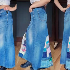 Falda vaquera bicolor, falda maxi de talle alto con diseño patchwork, estilo boho para un look casual chic, estilo streetwear, falda vaquera desgastada. Quilted skirt