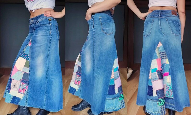 Falda vaquera bicolor, falda maxi de talle alto con diseño patchwork, estilo boho para un look casual chic, estilo streetwear, falda vaquera desgastada. Quilted skirt