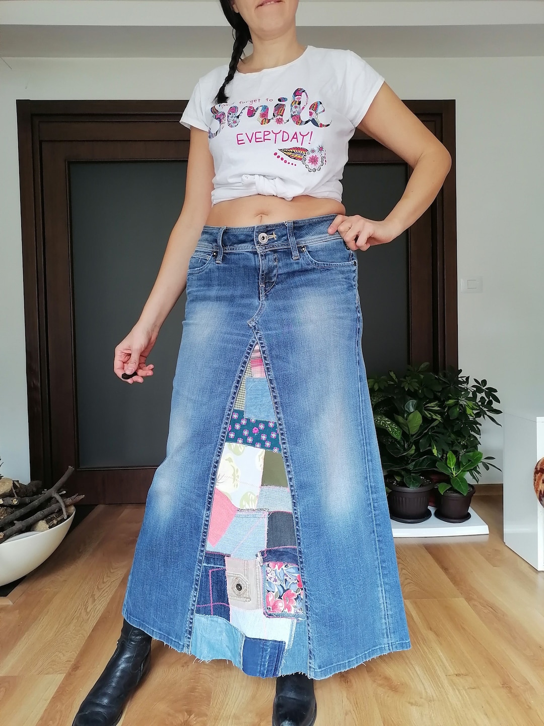 Upcycled Denim Maxi Denim Patchwork Skirt Upcycled Reworked Denim