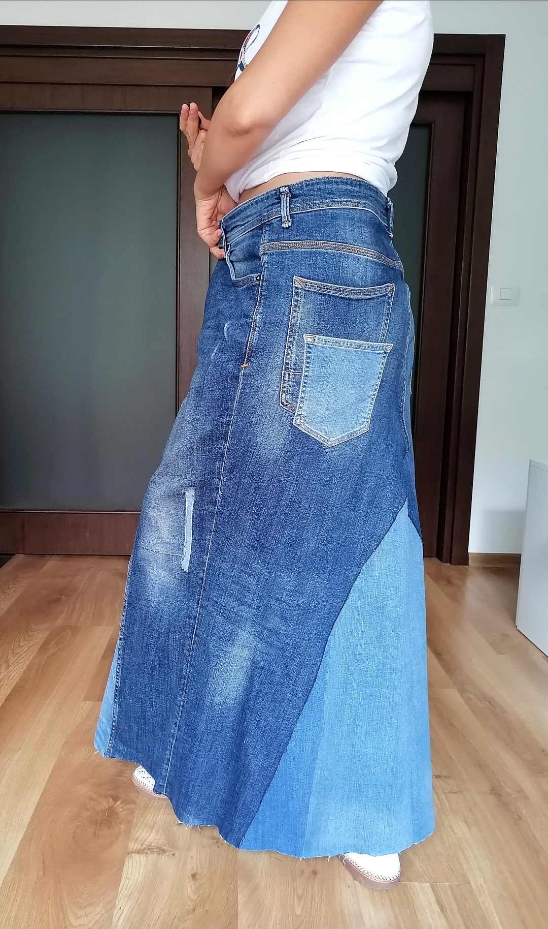 Two Tone Denim Skirt, Maxi High Waist Patchwork Design, Boho Style Chic Skirt ,upcycled Streetwear Skirt, Multi Pocket Fringels Skirt - Etsy Two Tone Denim Skirt, Maxi High Waist Patchwork Design, Boho Style Chic Skirt ,upcycled Streetwear Skirt, Multi Pocket Fringels Skirt - Etsy