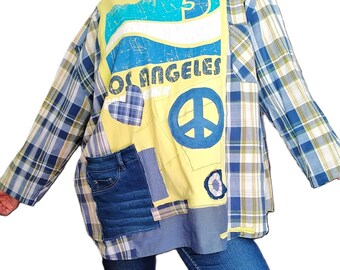 Oversize Funky Tshirt Tunic, Shabby Chic Top, Patched Hippie Tunic, Boho Flannel Duster, Plus Size Crazy dress