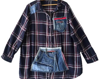 Upcycled Boho Duster - Luźny top patchworkowy - Zrównoważona koszula festiwalowa - Rzemieślnicza tunika w kratę