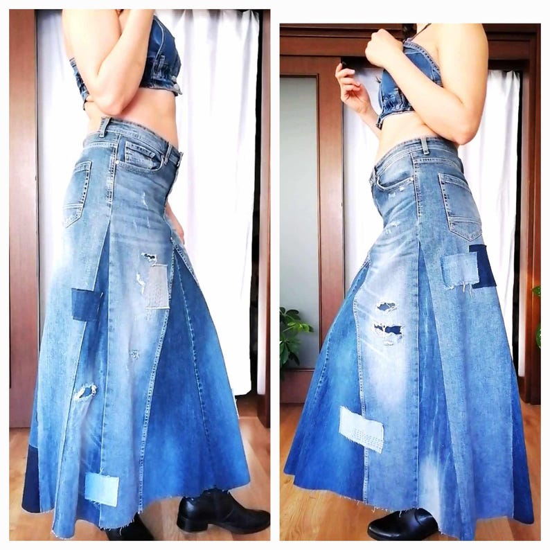 Falda vaquera bicolor, falda maxi de talle alto con diseño patchwork, estilo boho para un look casual chic, estilo streetwear, falda vaquera desgastada. Patched/ripped skirt