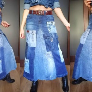 Falda vaquera bicolor, falda maxi de talle alto con diseño patchwork, estilo boho para un look casual chic, estilo streetwear, falda vaquera desgastada. Multi pocket skirt