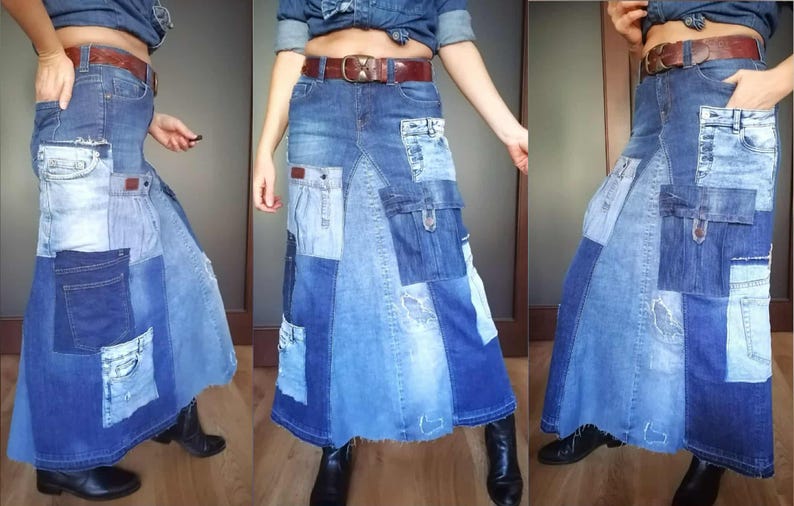 Falda vaquera bicolor, falda maxi de talle alto con diseño patchwork, estilo boho para un look casual chic, estilo streetwear, falda vaquera desgastada. Multi pocket skirt