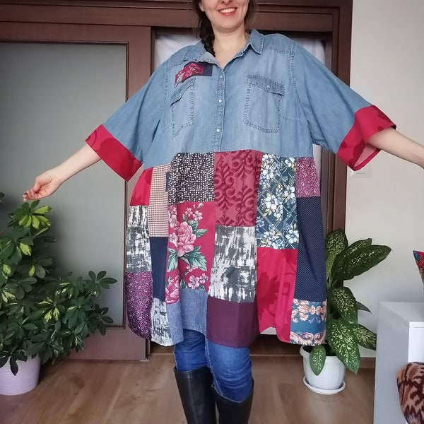 Boho Upcycled Tunic Dress - Patchwork Hippie Duster, Eco-Friendly Farm Chic Top, Country Oversized Dress, Jeans Rustic Duster