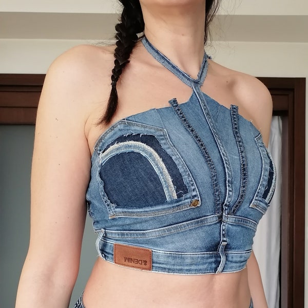 Denim Top Corset Reworkes Jeans Bustier Top Streetwear Denim Tube Crop Top Edgy Outfit for Urban Fashion Tank top Extravagant Top Tube