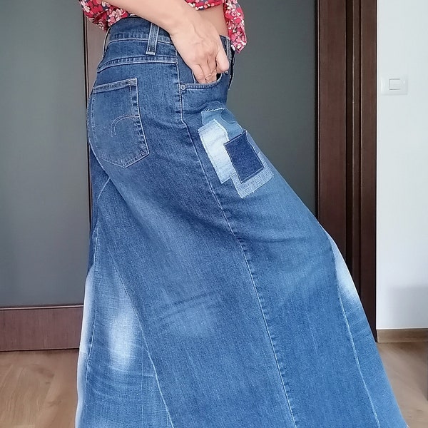Jeans Skirt Upcycled Long Denim Skirt Hight Waist Skirt Stylish Everyday Wear Unique Gift for Her Boho Style Street Fashion Vintage Skirt