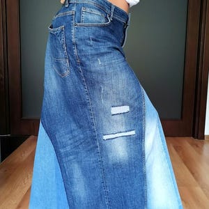 Two Tone Denim Skirt - Maxi High Waist Patchwork Design - Boho Style Chic Skirt - Upcycled Streetwear Skirt - Multi Pocket Fringed Skirt