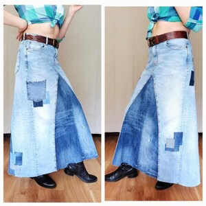 Falda vaquera bicolor, falda maxi de talle alto con diseño patchwork, estilo boho para un look casual chic, estilo streetwear, falda vaquera desgastada. Light blue