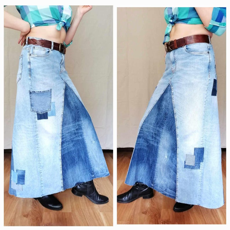 Falda vaquera bicolor, falda maxi de talle alto con diseño patchwork, estilo boho para un look casual chic, estilo streetwear, falda vaquera desgastada. Light blue