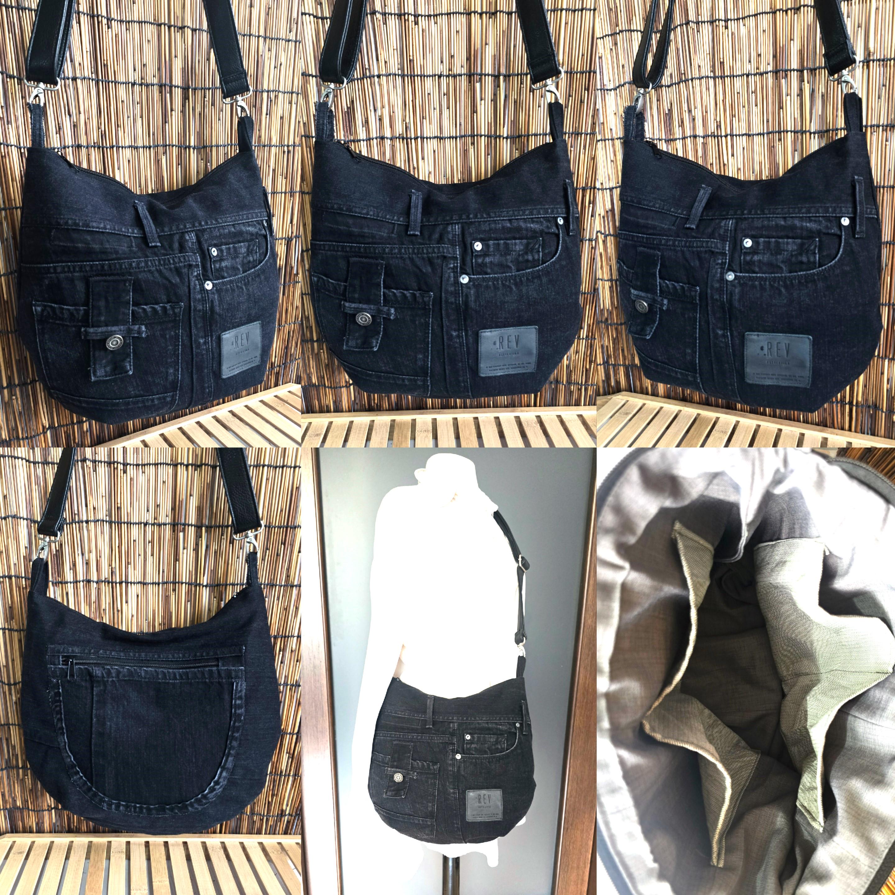 Black Denim Hobo Bag 16x14 in - Upcycled Crossbody Purse