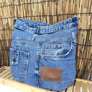 Upcycled Blue Jeans Crossbody Purse - Boho Messenger Hobo Bag - Reworked Shoulder Bag (16 in x 14 in)