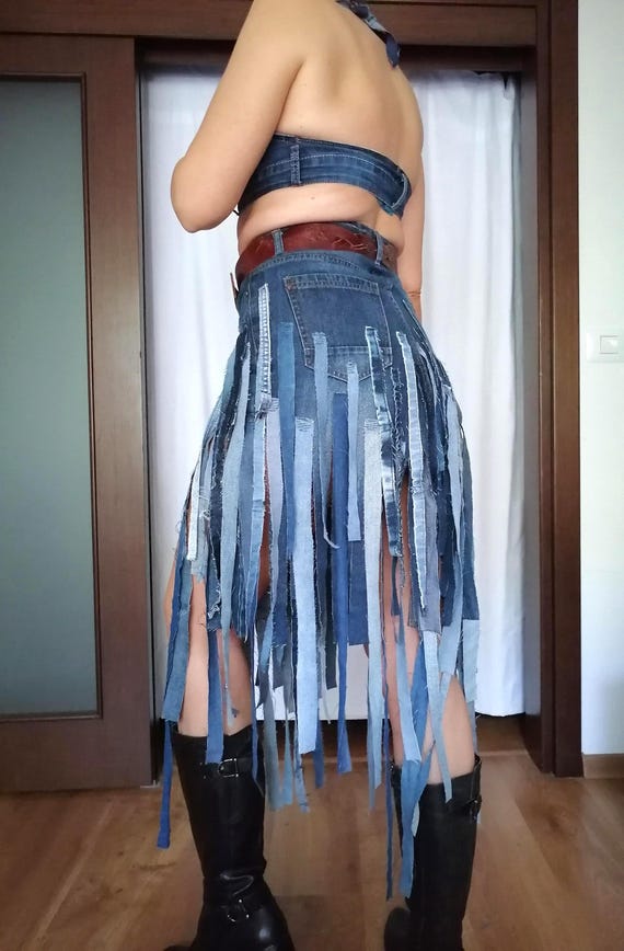 Upcycled Denim Asymmetrical Skirt - Boho Gypsy Festival Skirt