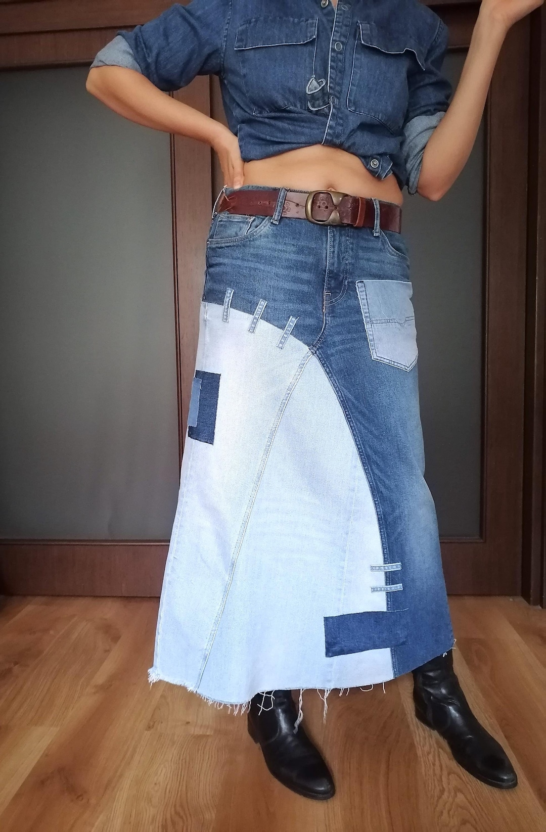 Gonna in denim stravagante Boho Gonna a vita alta con toppe - Main Image